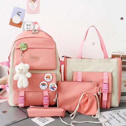 5-Piece School Bag Set – Canvas Backpacks for Teenage Girls & Women, Solid Color Student Schoolbags