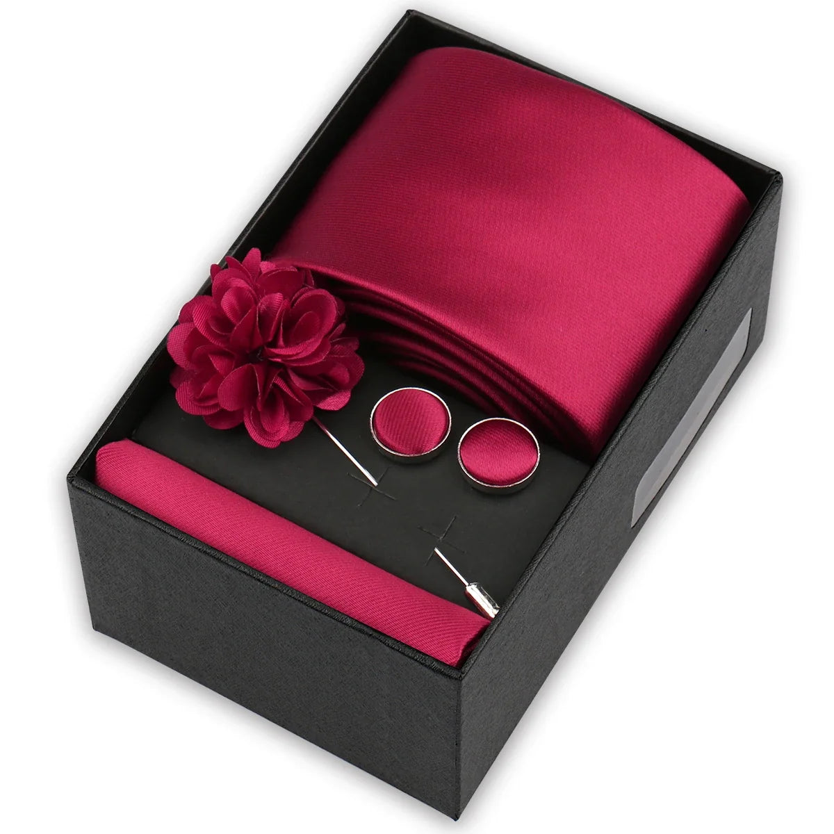 Men’s 4-Piece Tie Set Gift Box - Elegant Necktie with Handkerchief, Cufflinks & Brooch for Business, Wedding & Suit Accessories