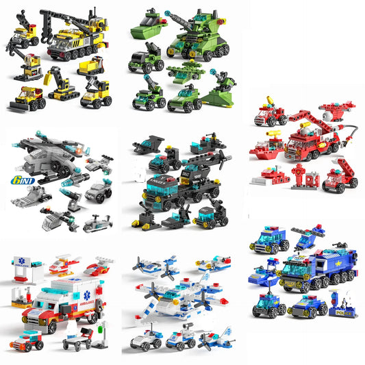 Mini 6-in-1 Building Blocks Set - Police Car, Fire Truck & Castle DIY Educational Toy