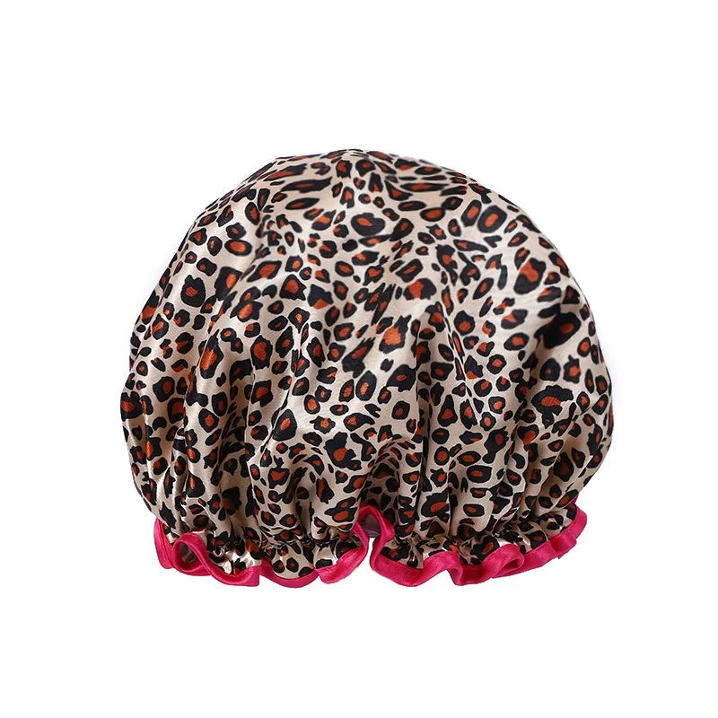 Waterproof Leopard Shower Cap - Double Layer Reusable Hair Cover with Elastic Fit