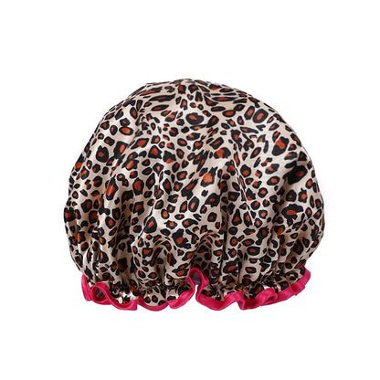 Waterproof Leopard Shower Cap - Double Layer Reusable Hair Cover with Elastic Fit