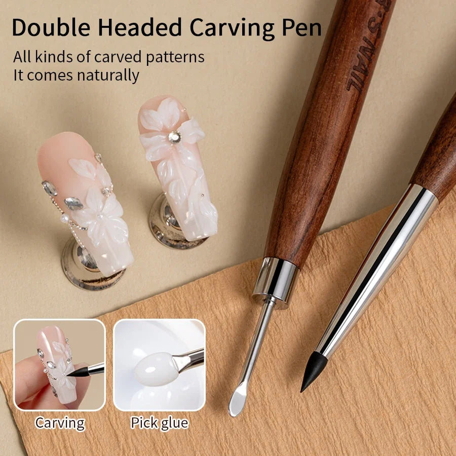 Wooden Double-Head Nail Art Brush - Silicone Carving Pen for Flower Painting and Nail Design Supplies