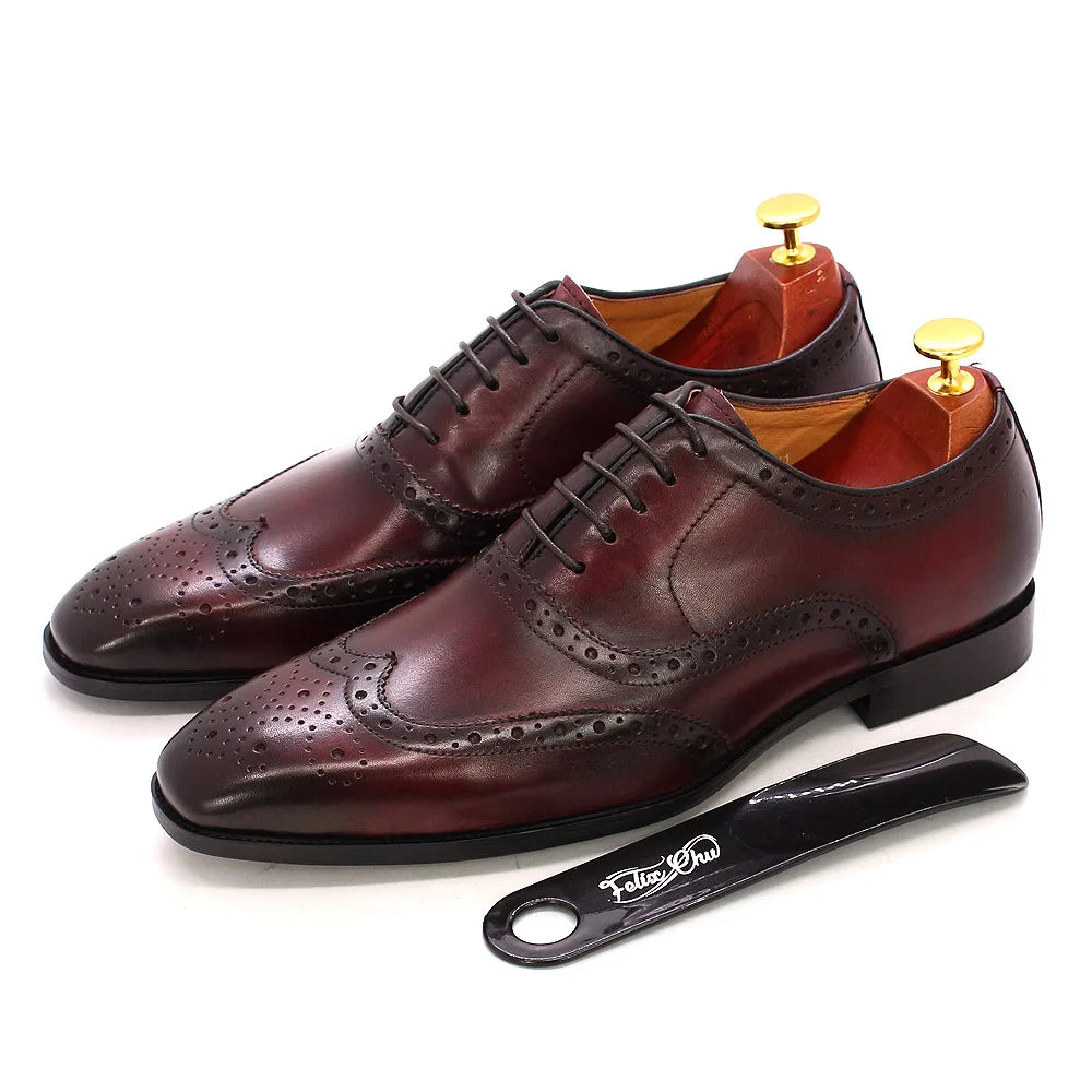 Men's Handmade Wingtip Oxford Shoes - Genuine Calfskin Leather Brogue Dress Shoes