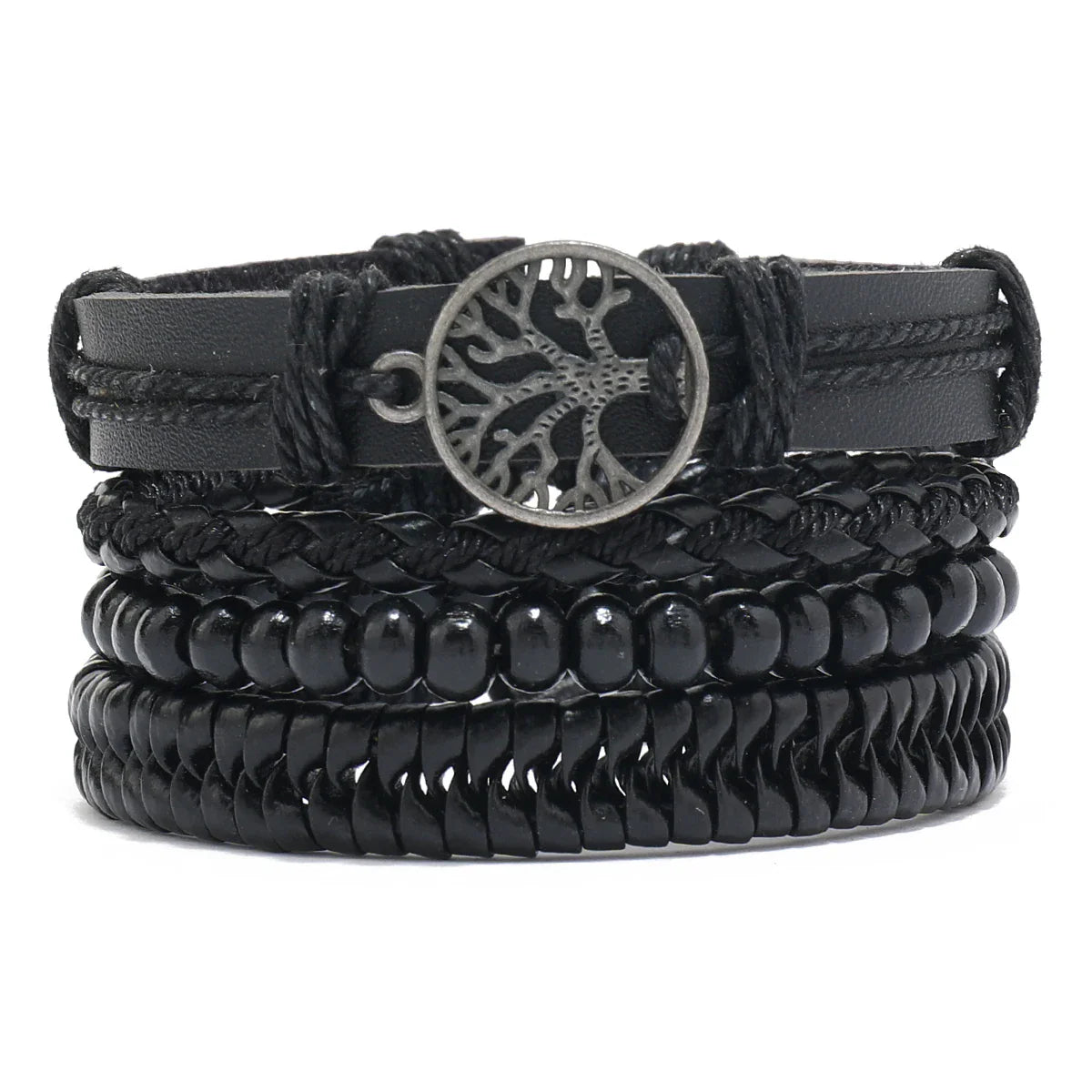 4Pcs Men's Braided Leather Bracelets Set – Vintage Life Tree & Rudder Charms, Wood Beads, Ethnic Tribal Wristbands
