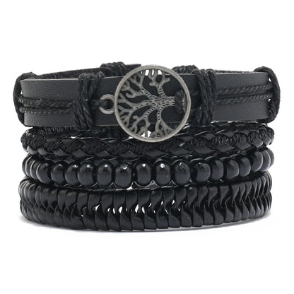 4Pcs Men's Braided Leather Bracelets Set – Vintage Life Tree & Rudder Charms, Wood Beads, Ethnic Tribal Wristbands