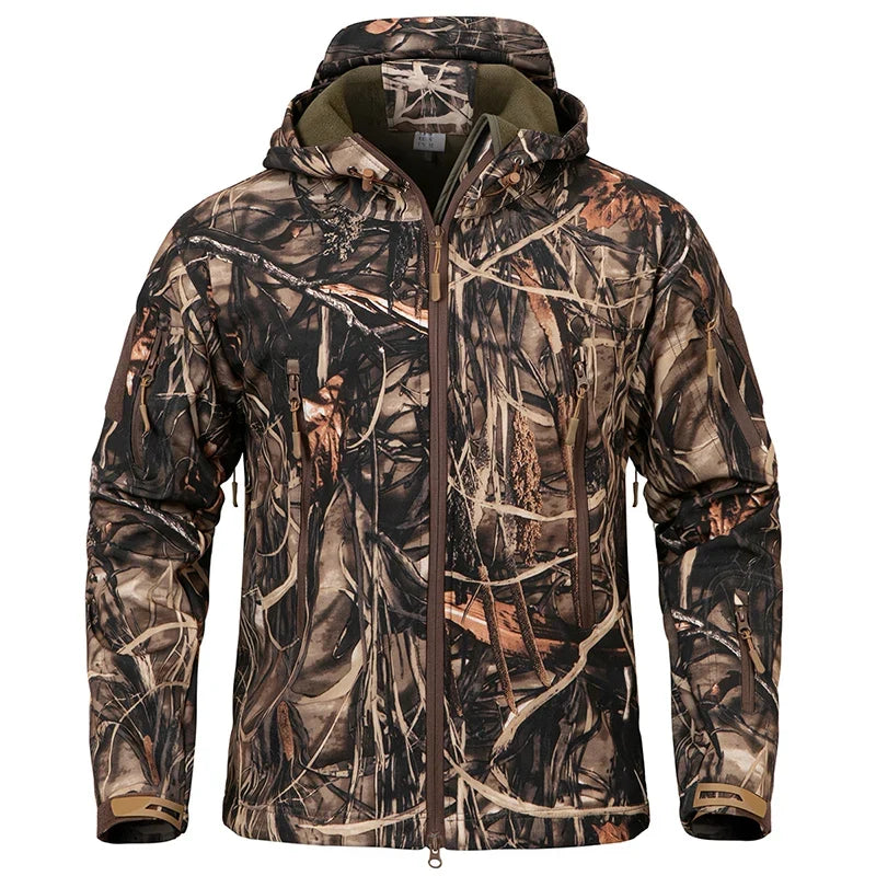 Men’s Camouflage Soft Shell Jacket - Waterproof Warm Fleece Tactical Hunting and Outdoor Hooded Coat