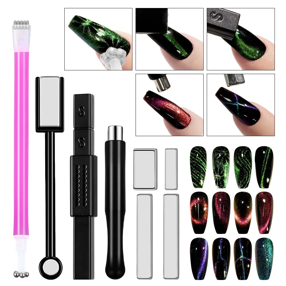 Magnetic Nail Art Wand Set - 3D Cat Eye Gel Polish Magnet Pen for UV Gel Manicure Designs