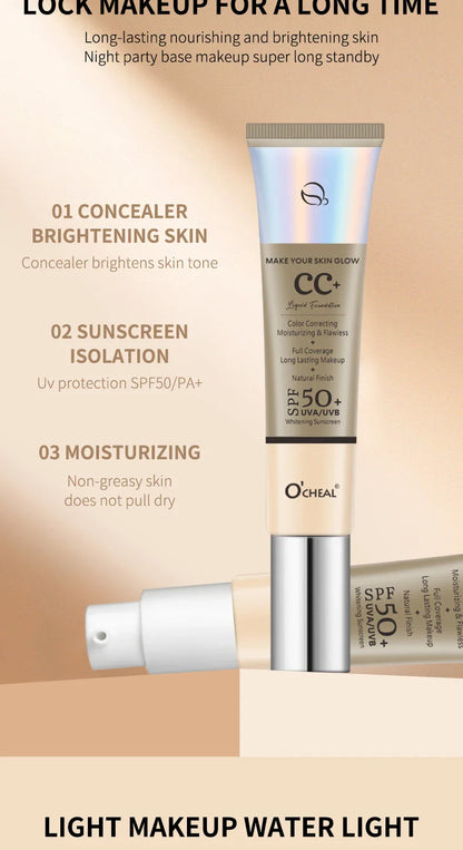 Ocheal 30g CC Cream Foundation – Waterproof Concealer, SPF 50+ Moisturizing Sunscreen, Long-Lasting Brightening Makeup Primer