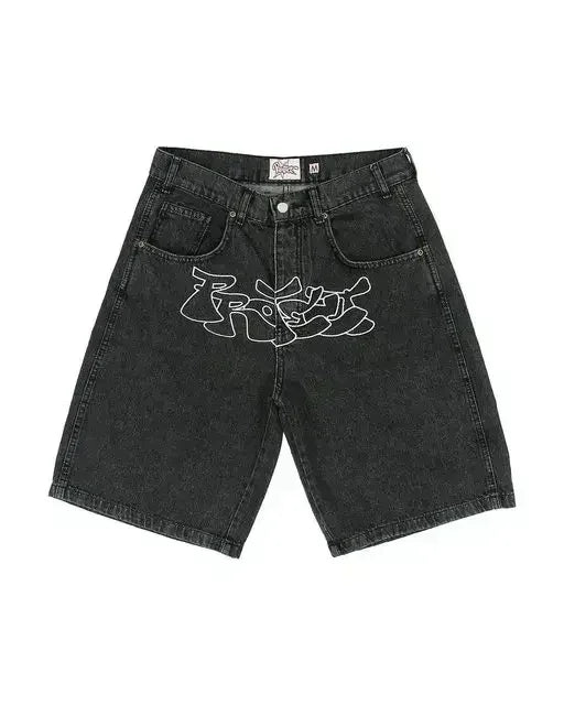 Unisex Y2K Rock Hip Hop Patchwork Denim Shorts – Retro Blue Baggy Cartoon Pattern Casual & Basketball Fitness Shorts