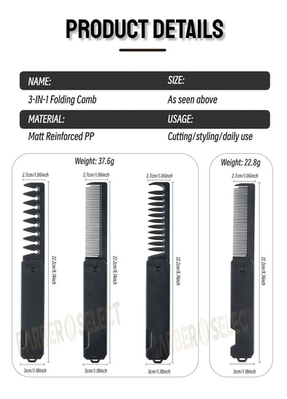 Newest 1/2/3-in-1 Portable Folding Comb – Wide Tooth Barber Clipper, Mini Beard & Hair Combing Styling Tool