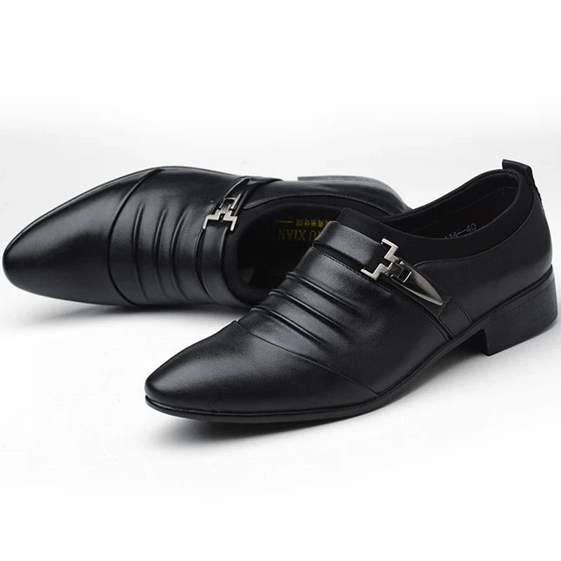 Men’s Classic Black Leather Slip-On Dress Shoes - Pointed Toe Business, Casual & Wedding Formal Shoes Plus Size