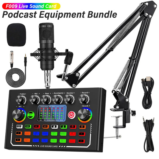 F009 Live Sound Card Broadcast Kit - Bluetooth DJ Audio Mixer with Microphone Set for Smartphone Live Streaming & Recording