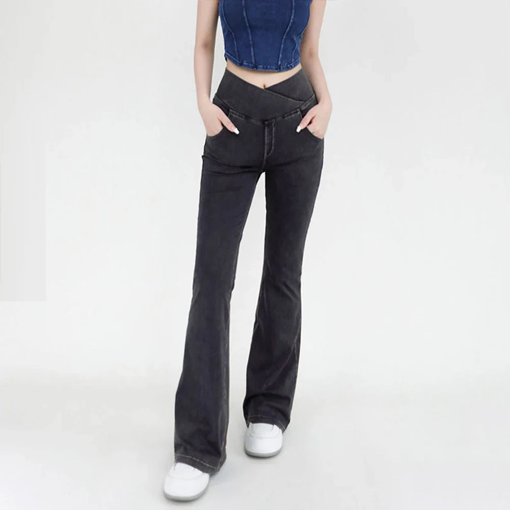 Women's High Waist Flare Leggings - Stretch Denim Yoga Pants for Fitness & Casual Wear