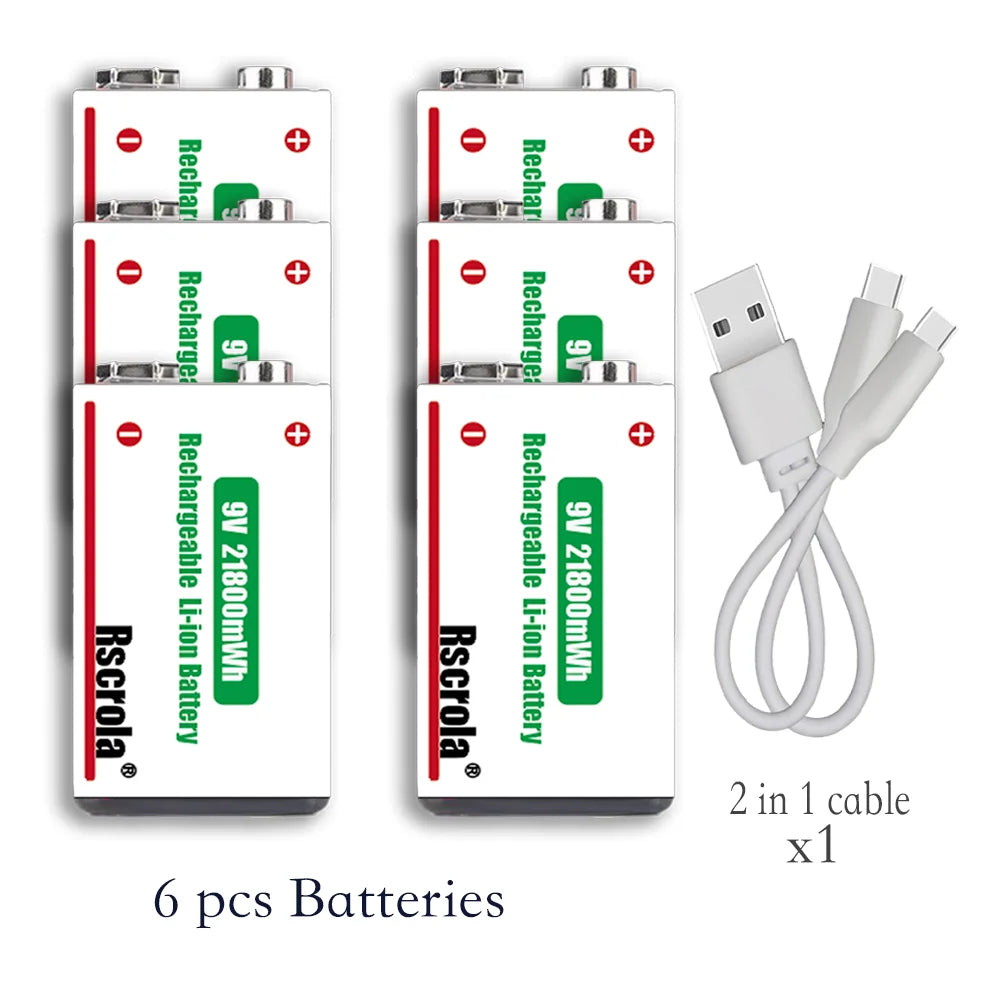 9V Lithium-Ion Rechargeable Battery 21800mWh – High-Capacity Power for Guitar, Microphone, Smoke Detector & Pedals with Cable
