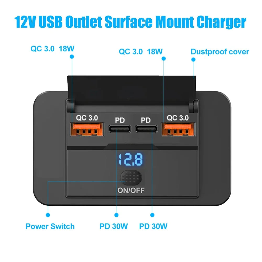 Car Charger Socket Adapter with Switch | 4-Port Charging Splitter for Bus, RV, ATV, Truck, Boat | 12V/24V PD, QC3.0