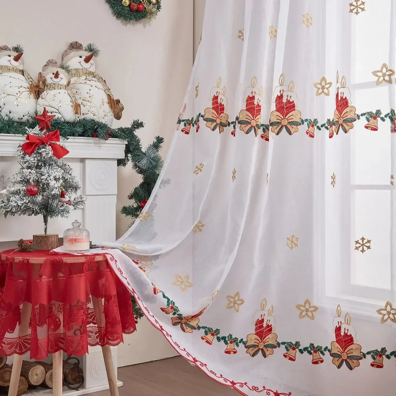 Snowflake Embroidered Tulle Curtain - Christmas Window Screen Sheer Decor for Living Room Bedroom