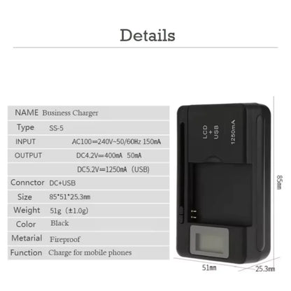Universal Car Mobile Battery Charger - EU/US Plug with LCD Indicator Screen & USB Port for Phone Battery Charging