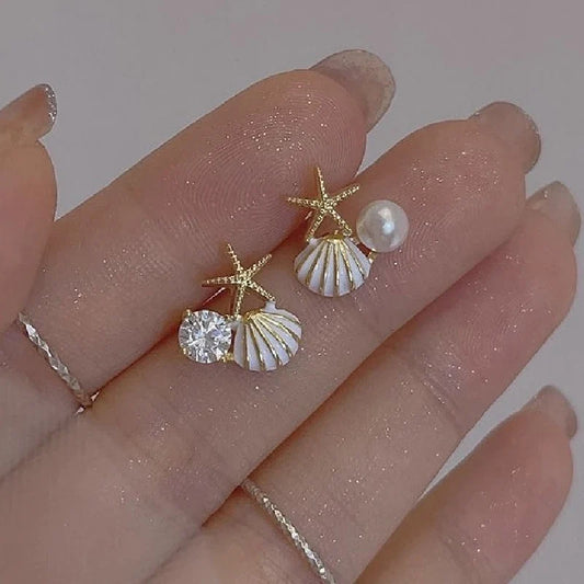 Ocean Style Asymmetric Earrings - Starfish Shell Pearl Zircon Stud Jewelry Gift for Women