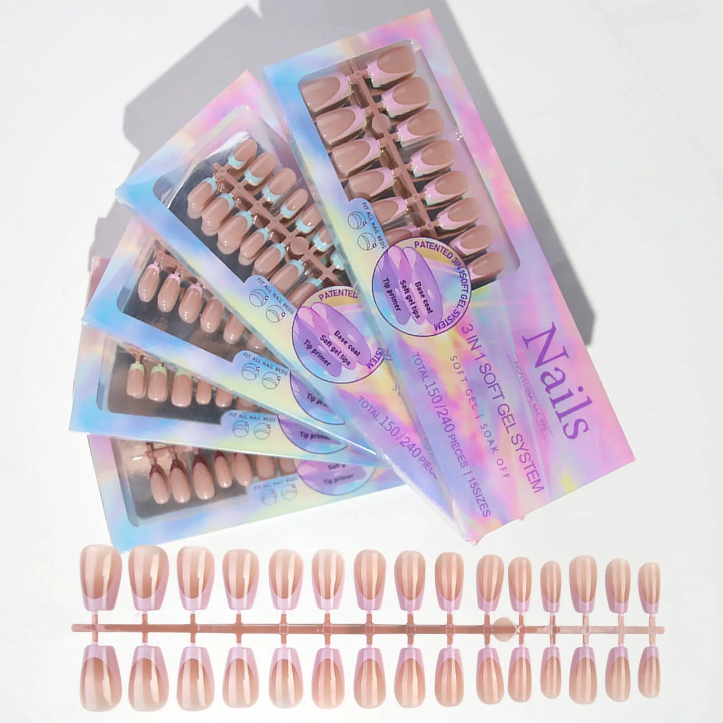 150PCS Press On Fake Nails - 6 Color Multi-Size Almond Acrylic Nails with French Style Removable Design