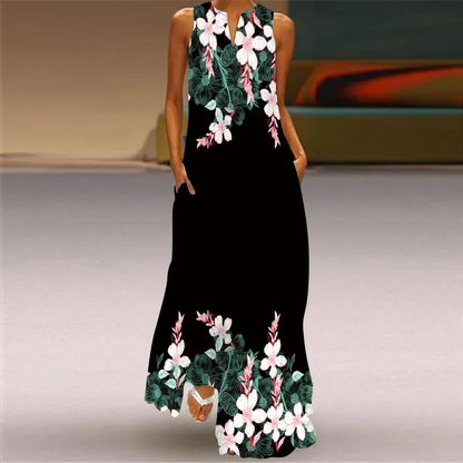 Women’s Retro V-Neck Summer Dress - Sleeveless Printed Maxi Swing Skirt with Loose Comfortable Fit