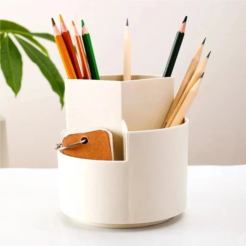 Rotating Pen Holder Organizer - 3 Slot Desktop Stationery & Makeup Brush Storage Box for Office and School