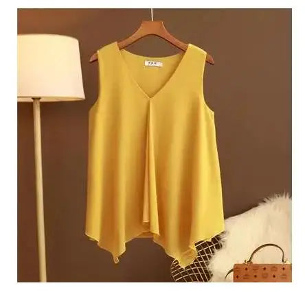 Women's Chiffon V Neck Blouse - Loose Sleeveless Plus Size Fashion Top M-5XL