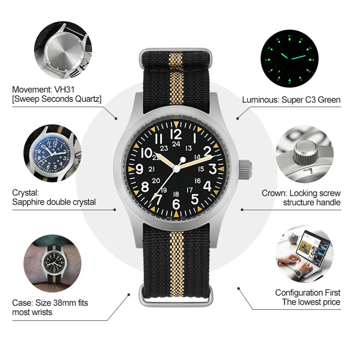 Militado ML05 Vintage Quartz Watch 38mm with VH31 Movement, Domed Sapphire Crystal, AR Coating & Luminous Dial