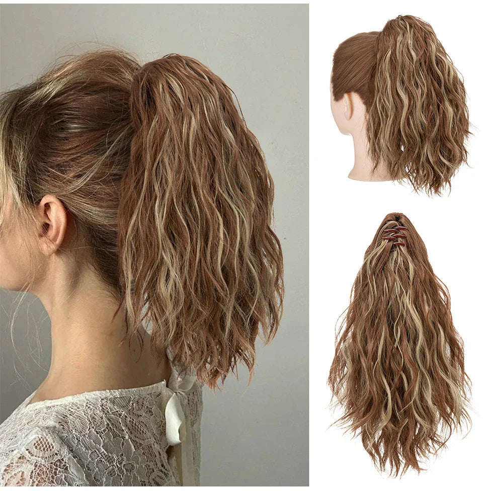 13-Inch Premium Synthetic Curly Claw Clip Ponytail – Blonde Brown Short Hairpiece, Fake Hair Extensions P064