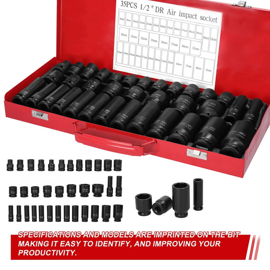 35PCS 1/2-Inch Pneumatic Impact Socket Set - Chrome Vanadium Steel Automotive Repair Tool Kit