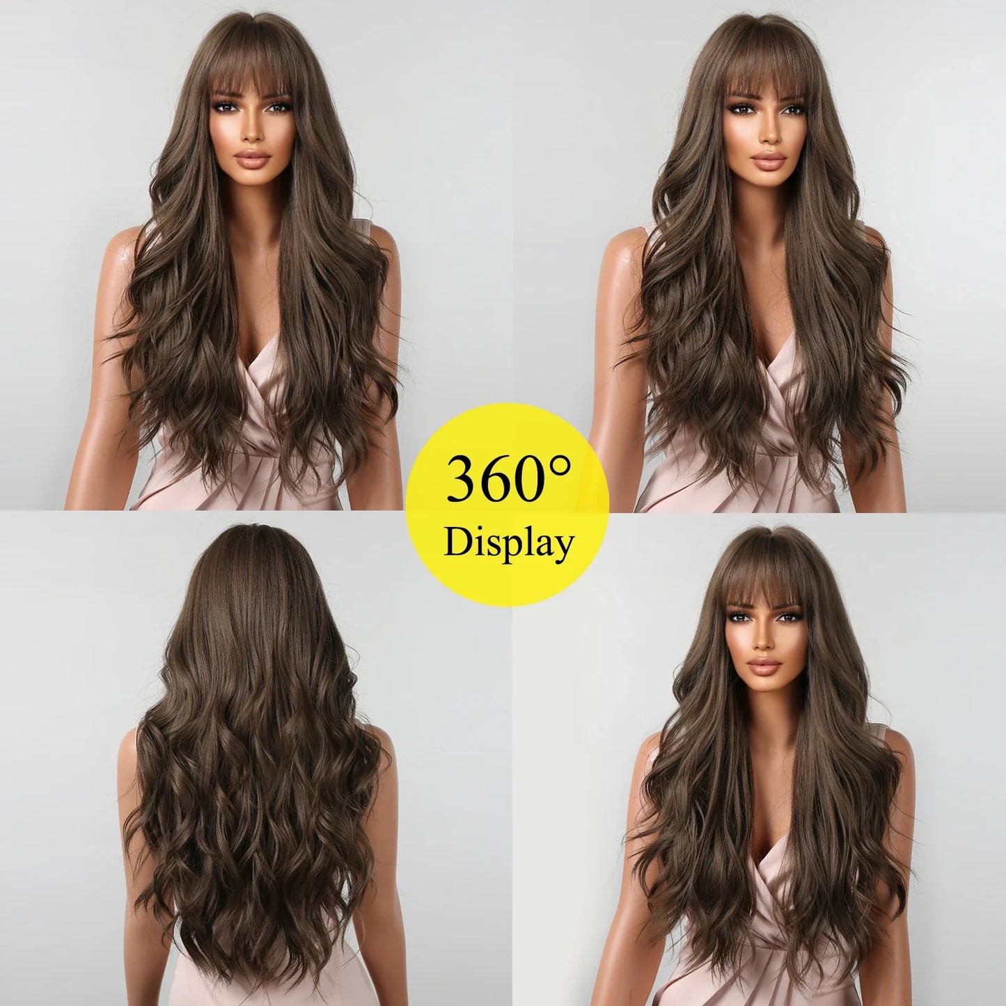 Brown Wavy Long Wig for Women with Bangs — Natural-Look Synthetic Hair, Heat-Resistant for Daily & Cosplay