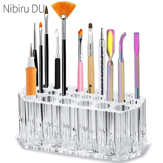 26 Holes Acrylic Nail Brush Organizer - Nail Art Tool Storage Display Holder Case For Makeup Cosmetics Pens