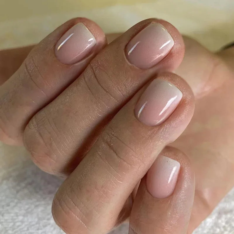 24Pcs Square Press On Nails - Nude White Gradient French False Nail Tips with Full Cover Short Design