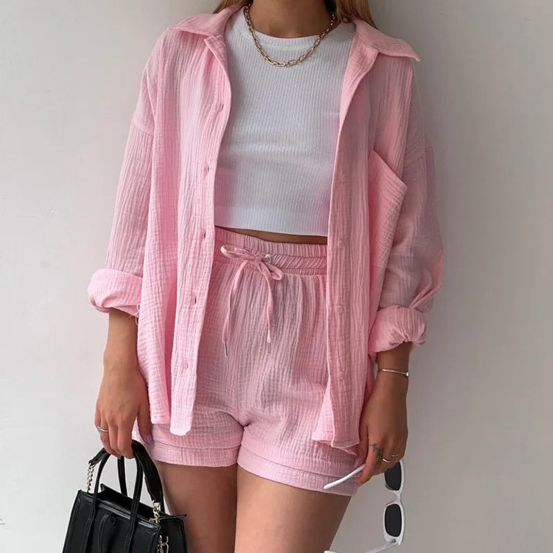 2025 Women’s Summer Two-Piece Set – Solid Color Casual Loose Short Pants & Top Outfit