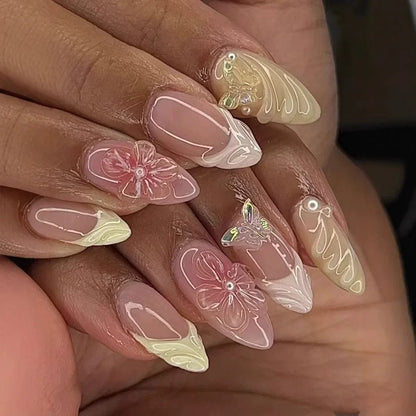 24PCS Pink Almond Press On Nails - Butterfly Ballet French Design Artificial Nail Tips for Stylish Nail Art