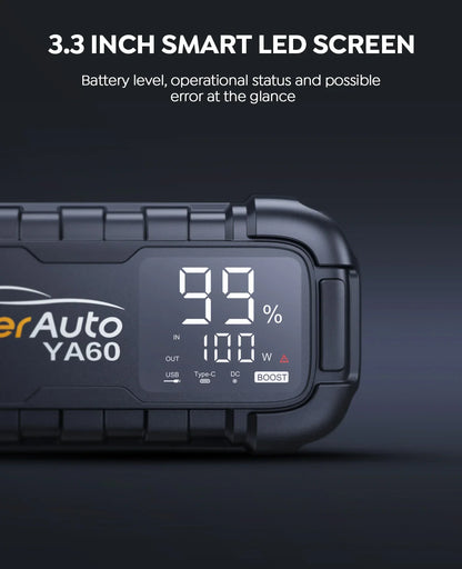 6000A Car Jump Starter - 150W DC Battery Charger with LED Screen 600 Lumens Flashlight Emergency Starting Device