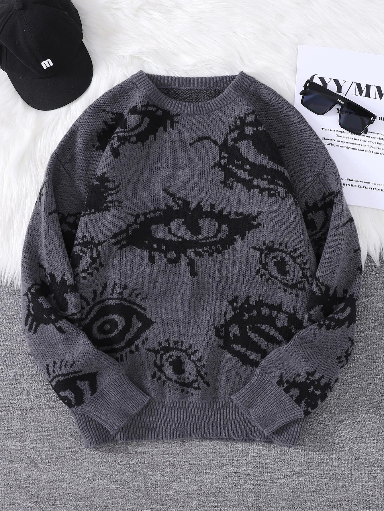 Men's Abstract Eye Jacquard Sweater - Round Neck Knitted Autumn Winter Casual Pullover Top