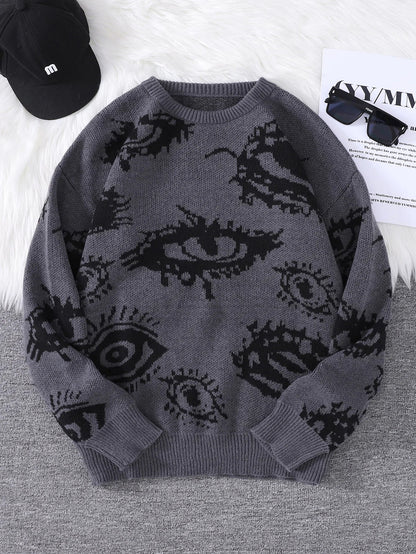 Men's Abstract Eye Jacquard Sweater - Round Neck Knitted Autumn Winter Casual Pullover Top