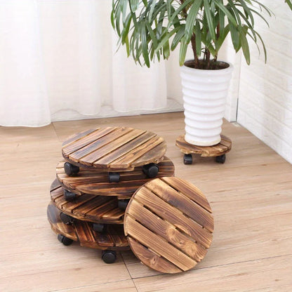 Wooden Plant Caddy Stand - Heavy Duty Rolling Plant Dolly with Lockable Wheels for Indoor & Outdoor Pots