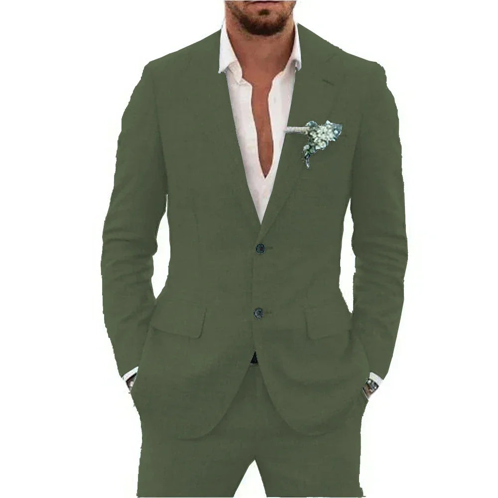 Men's Linen Suit Set - Slim Fit Notched Lapel 2 Piece Wedding & Beach Tuxedo Outfit For Summer Casual Formal Wear