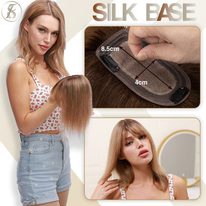 TESS Women Human Hair Topper With Bangs - 7x12.5cm Silk Base Clip In Hair Extension Natural Wigpiece