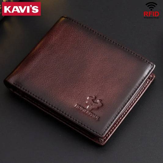 KAVIS Handmade Genuine Leather Men's Wallet RFID Blocking Card Holder with ID Window – Large Capacity Fashion Money & Card Storage Wallet