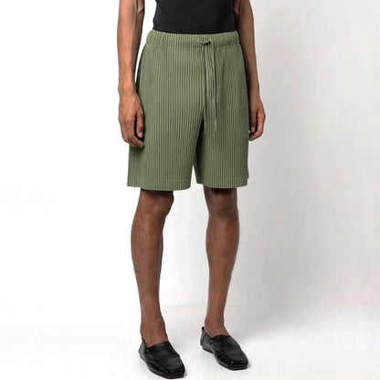 ISSEY 2026 Miyake Pleated Shorts - Men's Loose Draped Straight Leg Drawstring Cropped Pants