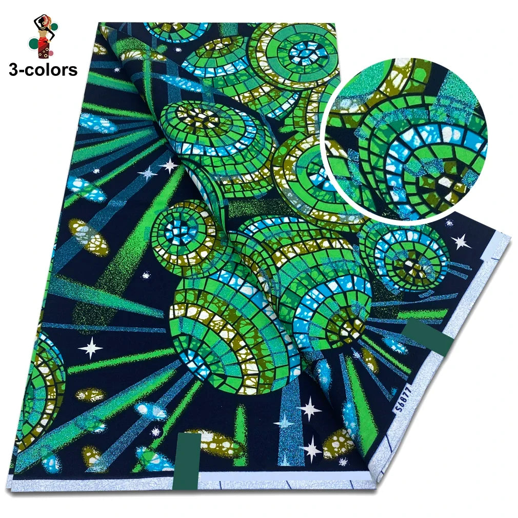 African Glitter Glam Wax Fabric - 100% Cotton Golden Ankara Print 6 Yards