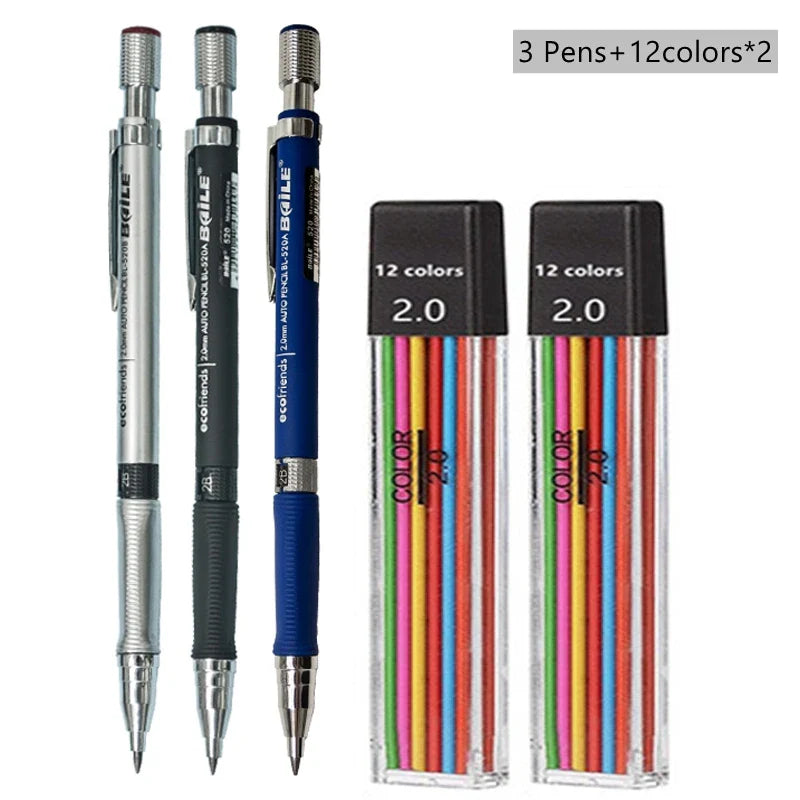 Mechanical Pencil Set 2.0mm – Automatic Pencil with 2B Black & Colored Lead Refills for Writing, Sketching, & Art Drawing