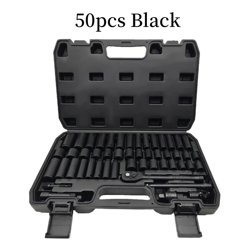 50PCS 3/8 Inch Pneumatic Socket Set - Metric Long & Short Sleeves for Auto Repair, Machinery & Hardware Tools