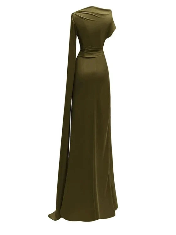 Women’s Solid Color Long Dress – Slanted Collar, Raglan Sleeves, Pleated Waist, Retro Elegant Commuting Style