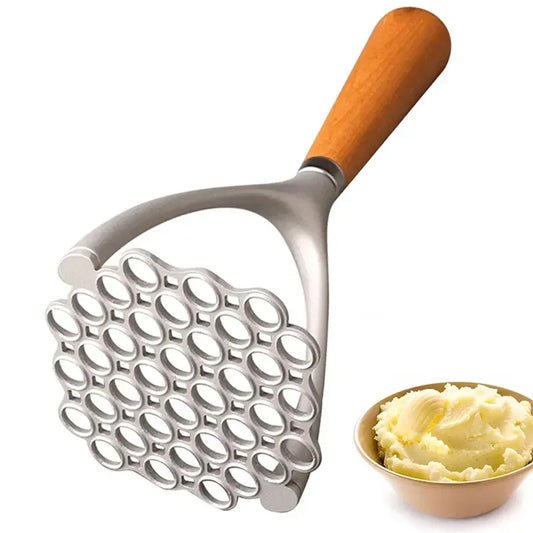 Aluminum Potato Masher & Meat Press - Wooden Handle Manual Kitchen Crusher & Garlic Masher