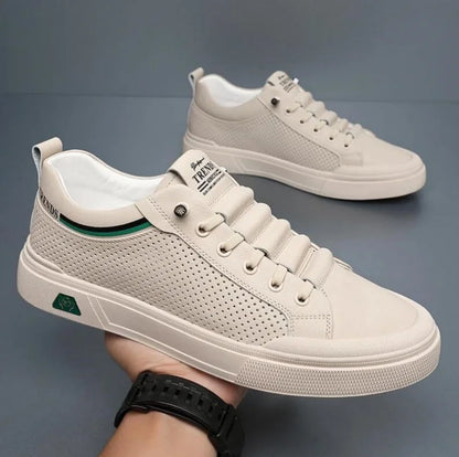 Men’s Genuine Leather Casual Sneakers – Breathable Cow Leather Skateboard Shoes, Street Trend Flat Summer Footwear