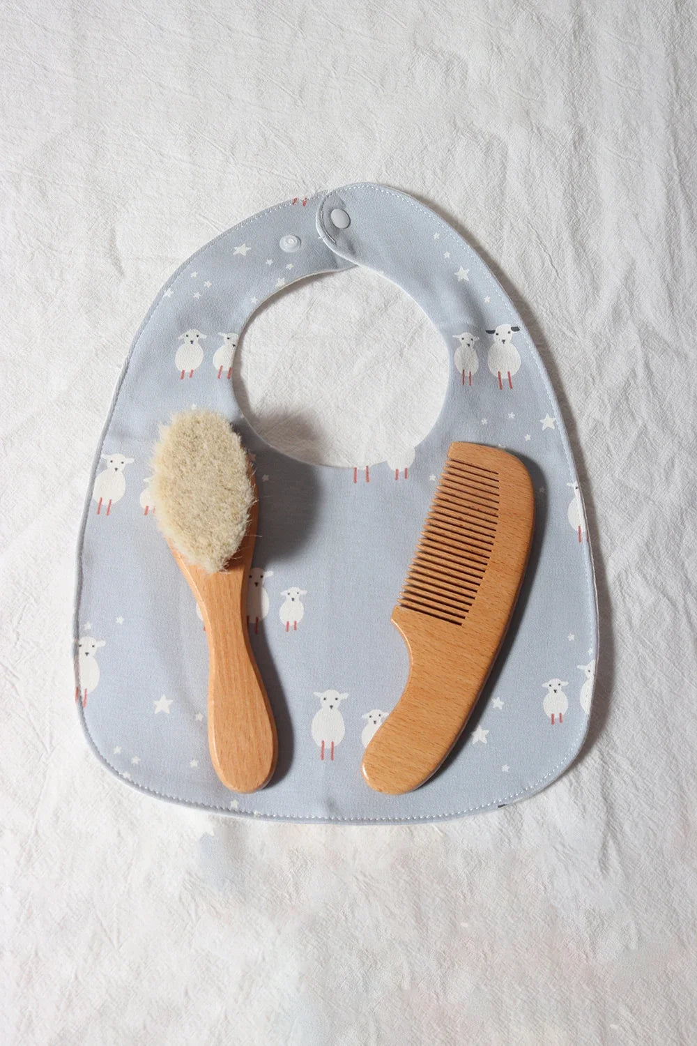 Baby Hair Care Gift Set - Natural Wool Brush, Wooden Comb, Bib and Pacifier Clip for Newborns
