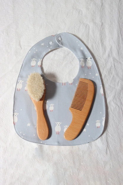 Baby Hair Care Gift Set - Natural Wool Brush, Wooden Comb, Bib and Pacifier Clip for Newborns